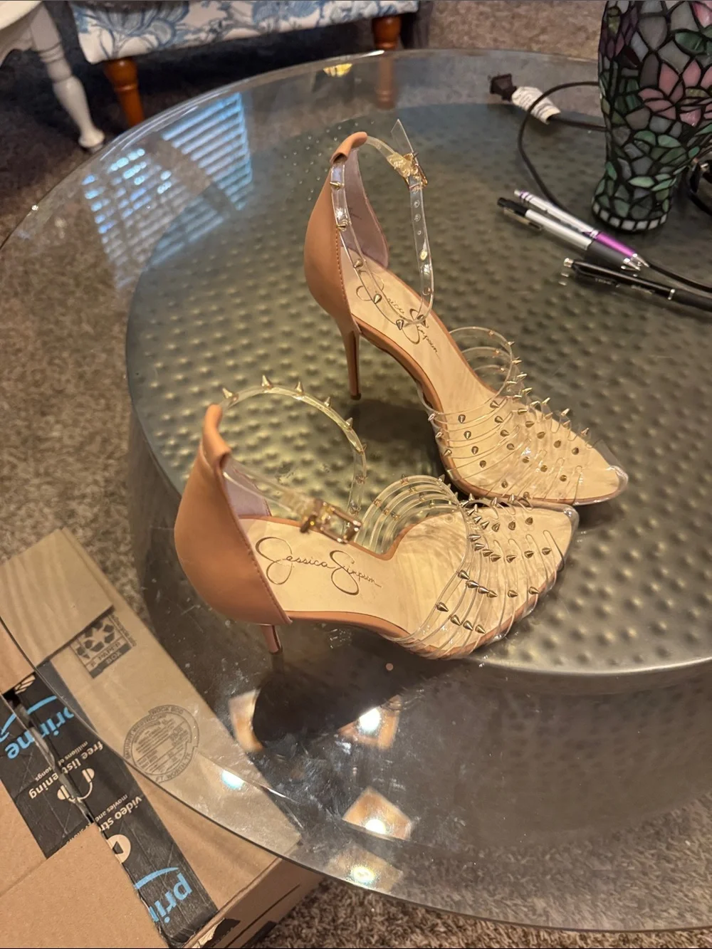 Jessica Simpson Nude Clear Pointed Spike Ankle Strap Heels Size 9M / 40